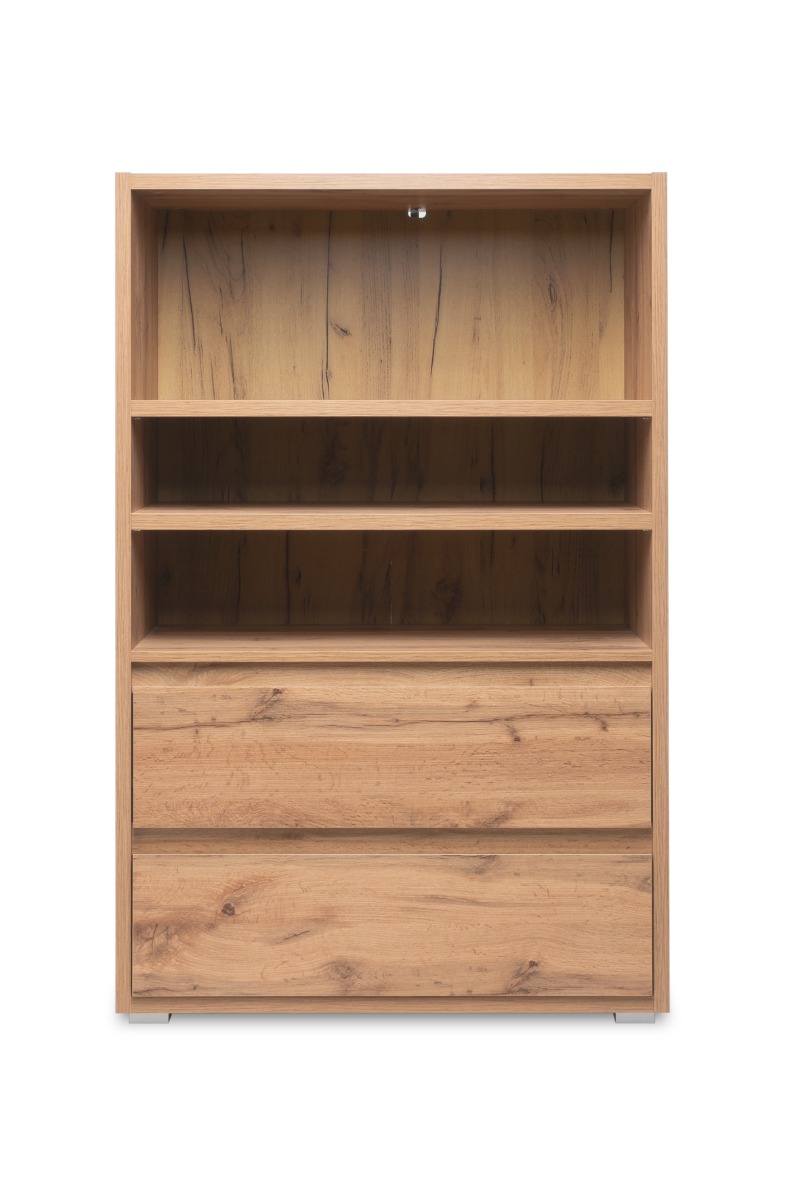 Spaziosa Libreria con 2 ripiani e 2 cassetti, finitura Rovere