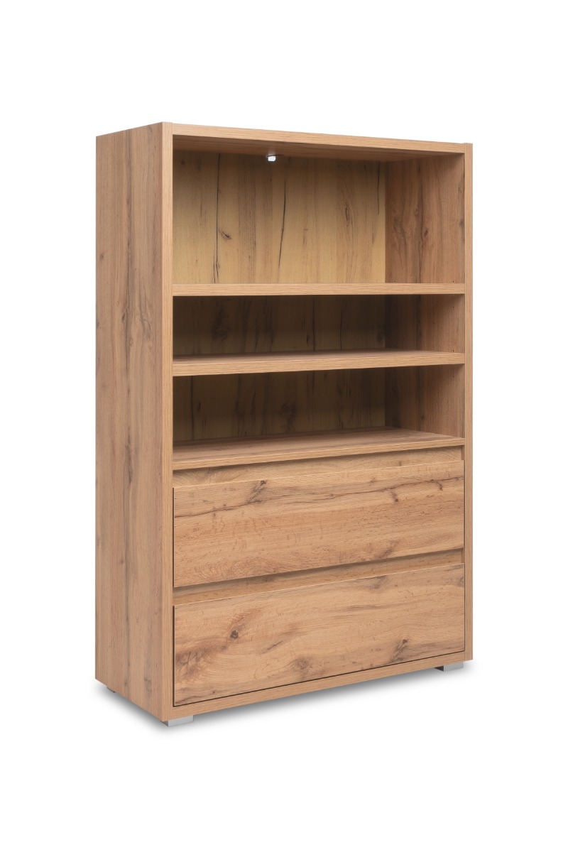 Spaziosa Libreria con 2 ripiani e 2 cassetti, finitura Rovere