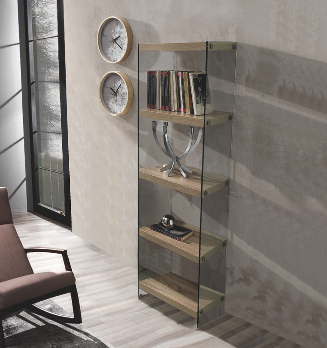 Libreria stile urban 5 ripiani e fianchi in vetro, finitura Rovere