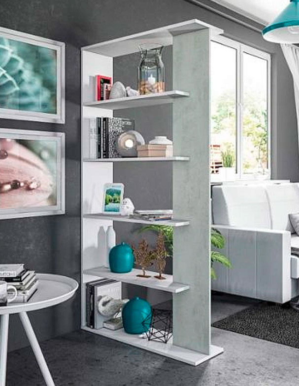 Libreria moderna di design 5 ripiani, bianco e cemento