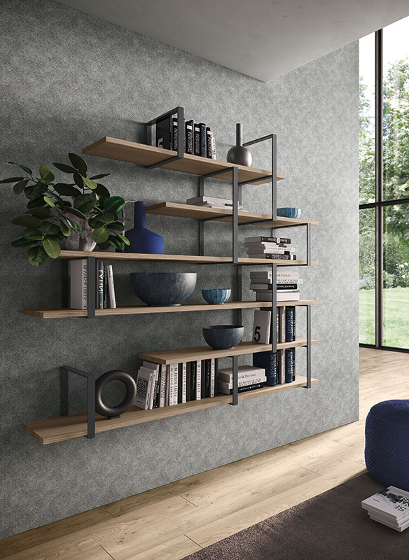 Soggiorno moderno Carena con parete attrezzata e libreria  in finitura Olmo, Bianco calce e Vetro azzurro