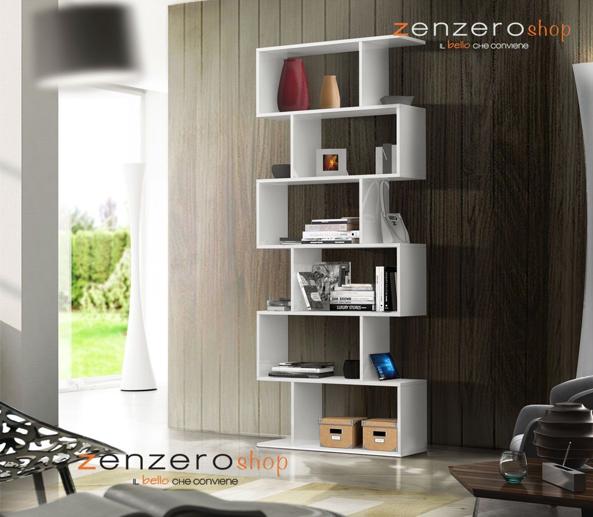 Mobili da ingresso con Libreria e Madia Bianca Lucida