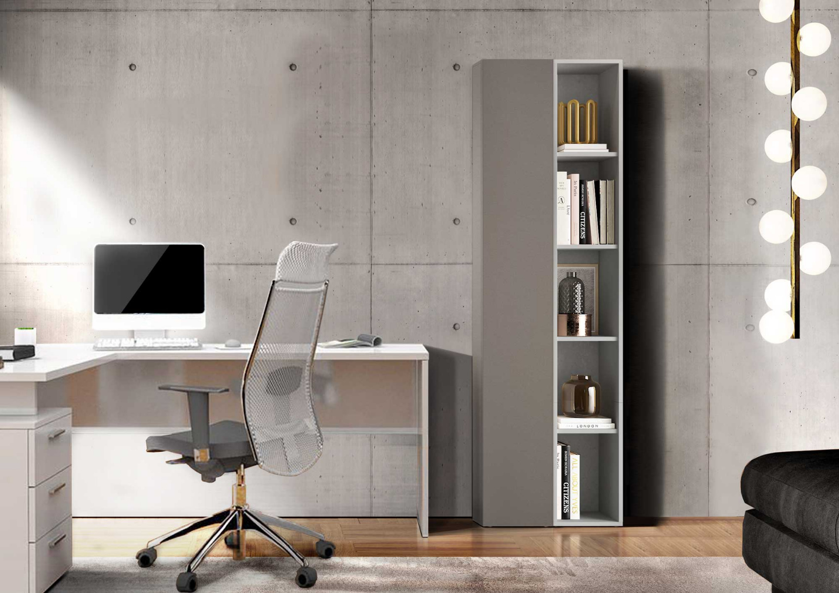 libreria con ripiani grigi