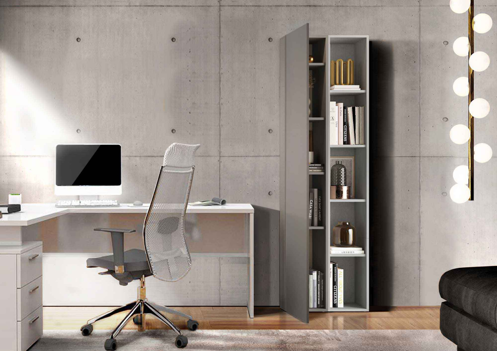 libreria con ripiani grigi