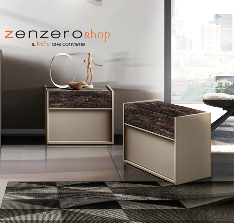 Set Bali con comò e coppia di comodini in finitura  Visone e Legno bruciato