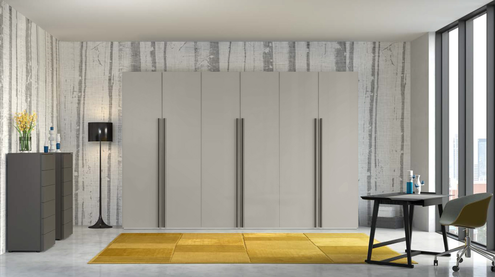 Armadio moderno a 6 ante battenti, finitura grigio seta lucido