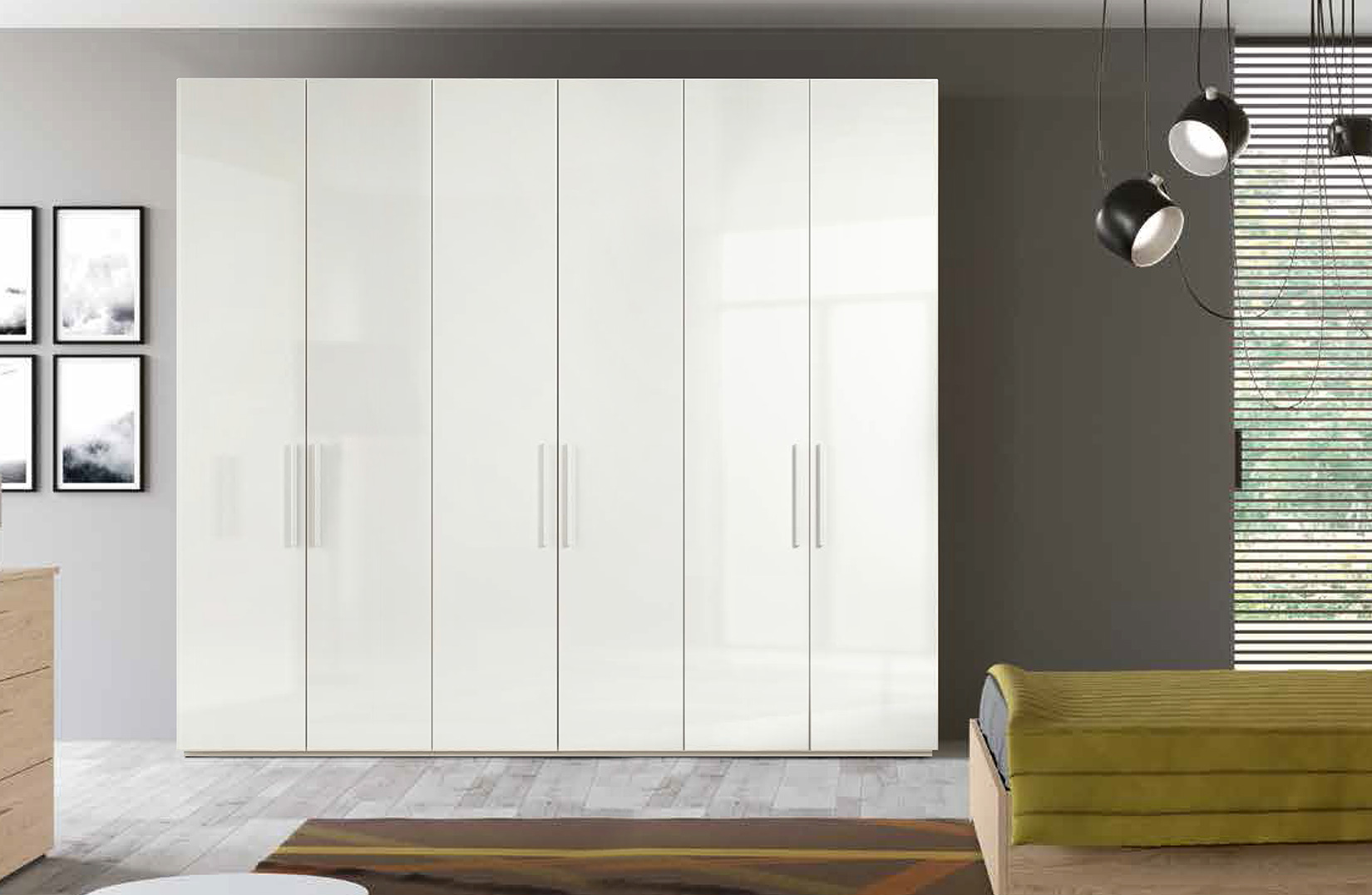 Armadio moderno finitura Bianco nobilitato, 6 ante battenti 