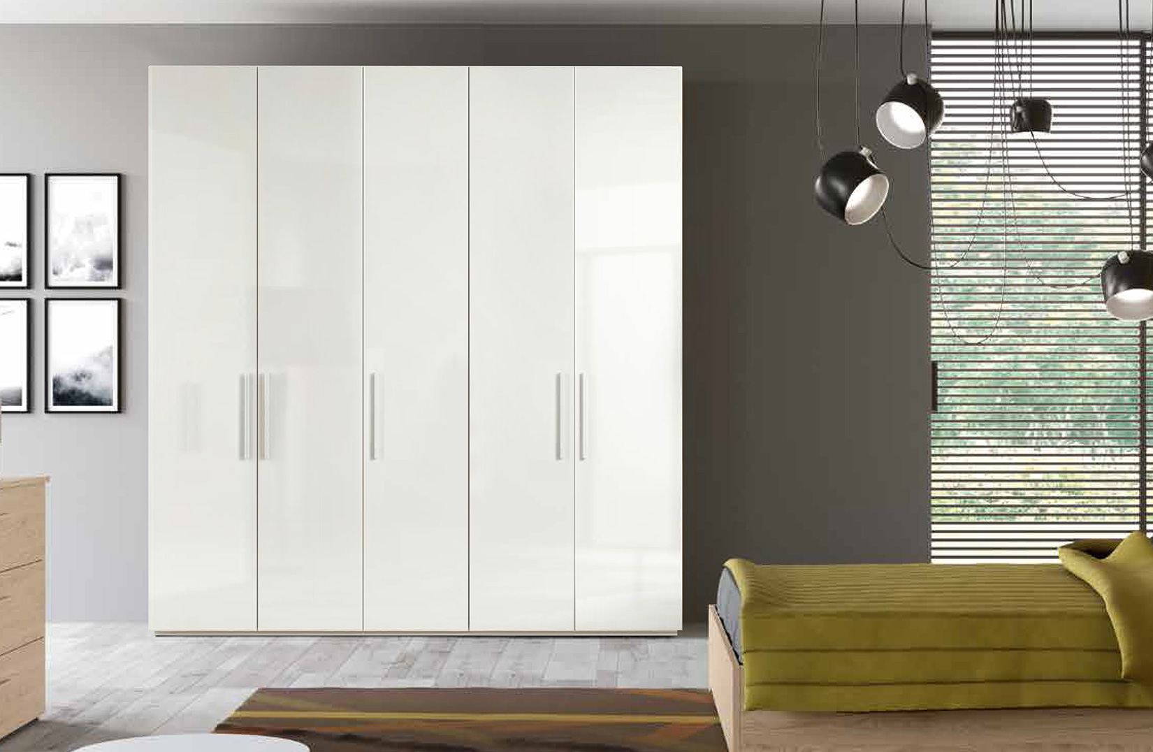 Armadio moderno finitura bianco lucido, 5 ante battenti