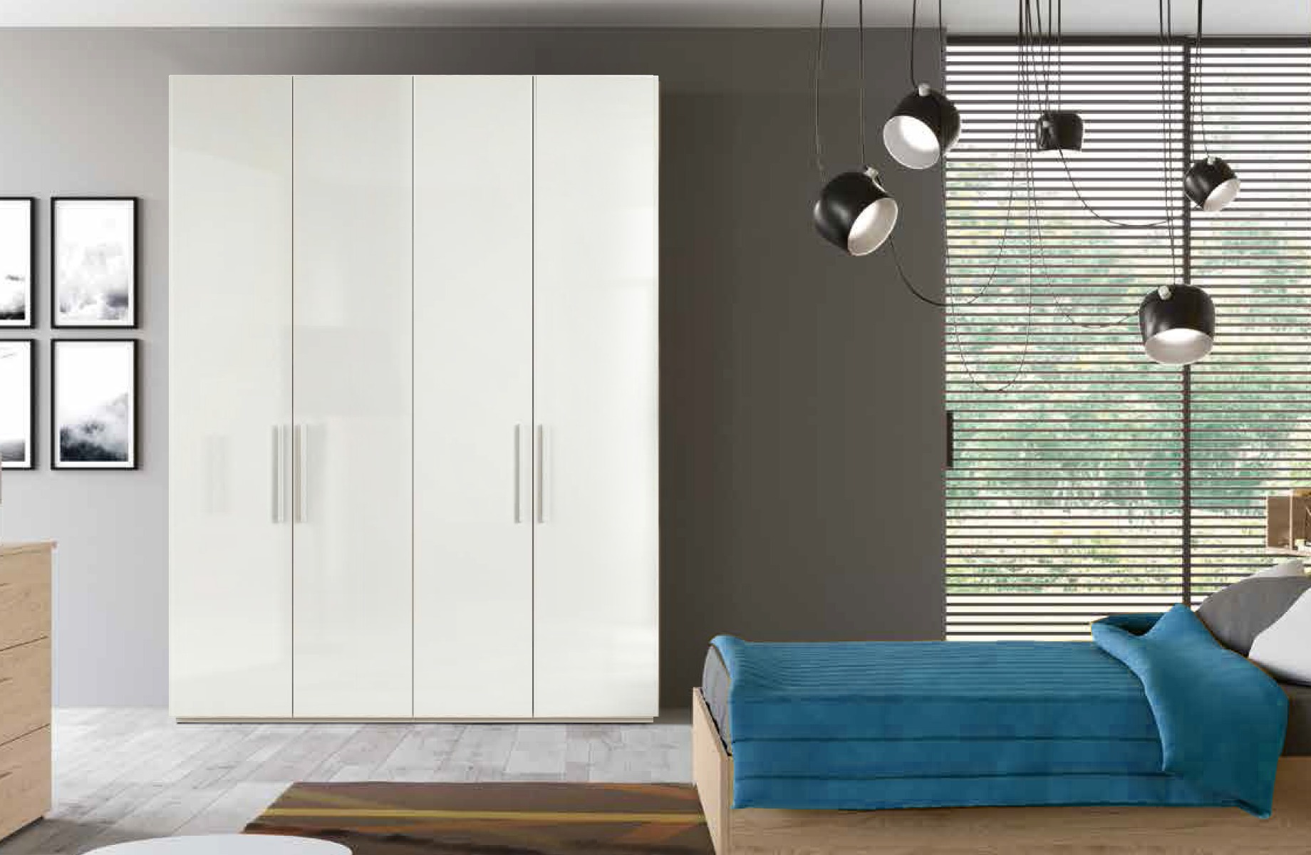 Armadio moderno finitura bianco nobilitato, 4 ante battenti, made in Italy