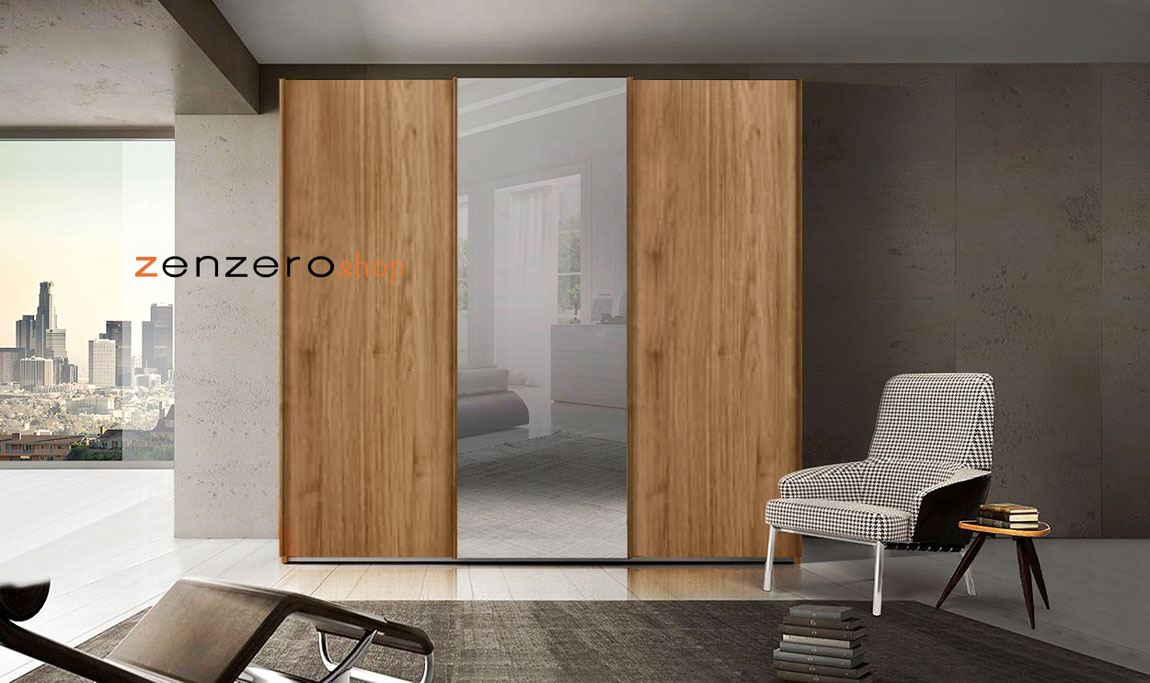 Armadio scorrevole Noce biondo con specchio centrale