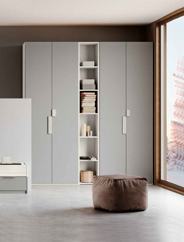 Armadi battenti con libreria 5 ripiani, finitura Bianco Essenza e Grigio Argento