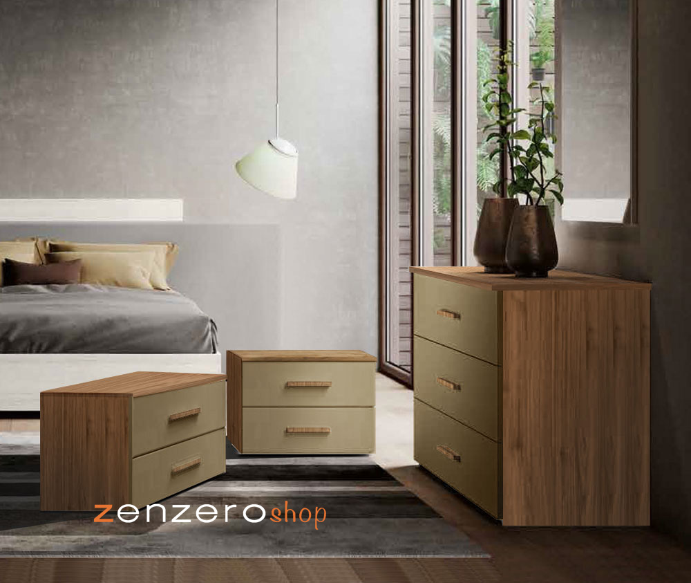 Set Completo con Comò e Comodini, Noce Biondo e Bronzo