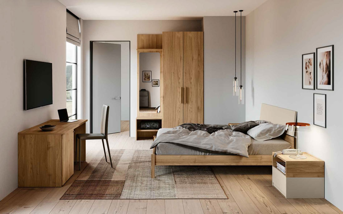 Camera matrimoniale Noce biondo e Orzo con Armadio portavaligie, Letto matrimoniale e Scrivania con vano frigo