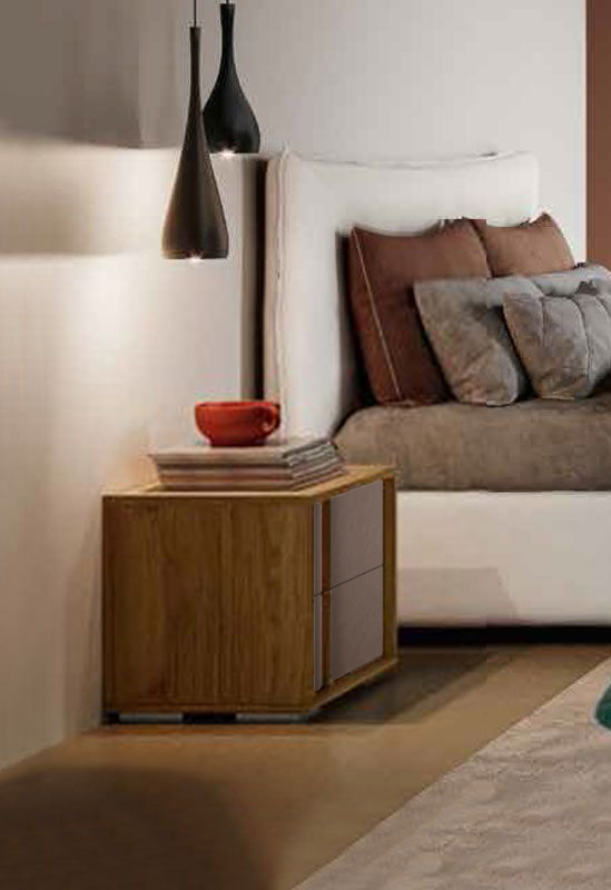 Coppia di comodini moderni a 2 cassetti con maniglie, finitura Bronzo e Noce Biondo
