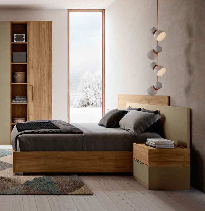 Letto matrimoniale moderno in Noce Biondo e Orzo