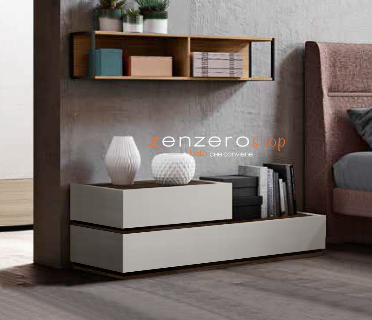 Comò basso Bahamas in finitura Grigio seta e Noce moro