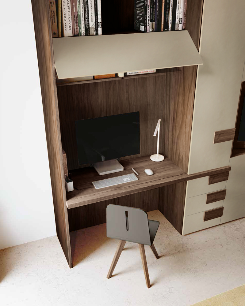 Armadio zona tv e scrivania, 7 ante in Noce moro e Spatolato Argilla