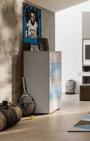 Comodone moderno con 5 cassetti, finitura Bianco altea, Carta da zucchero e Grigio seta