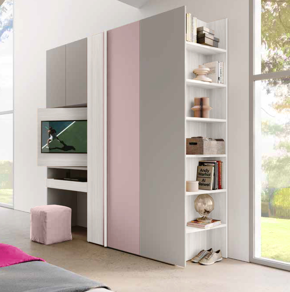 Cameretta ragazze con letto 1 piazza e mezza, Bianco altea, Rosa confetto e Grigio seta