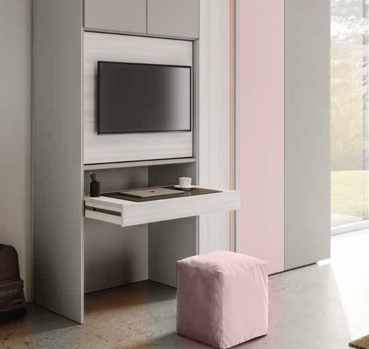 Cameretta ragazze con letto 1 piazza e mezza, Bianco altea, Rosa confetto e Grigio seta