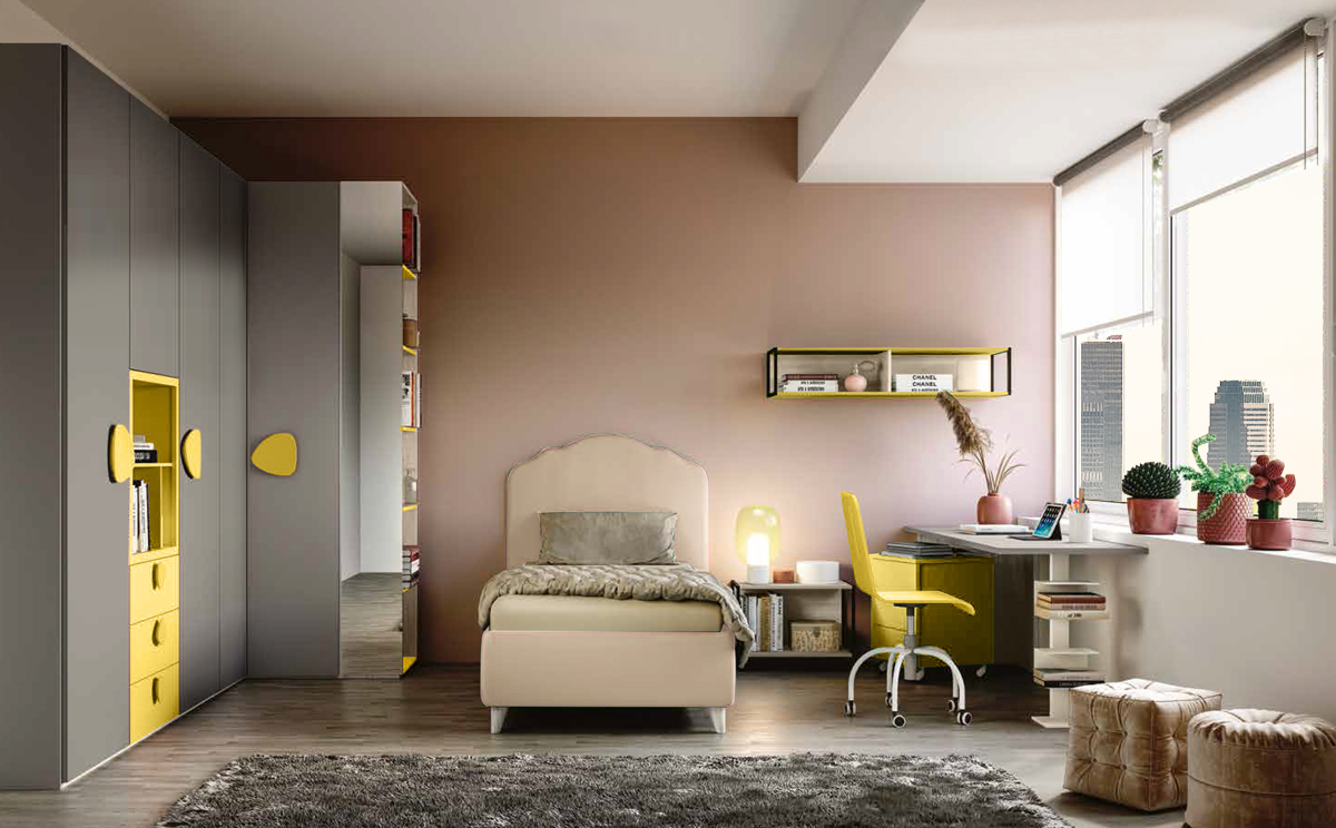 Cameretta per ragazzi in Grigio cenere e Giallo cedro