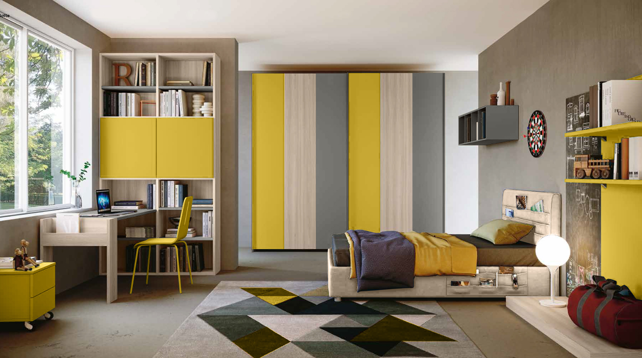 Cameretta bambini scontata, finitura Olmo, Giallo cedro e Grigio cenere