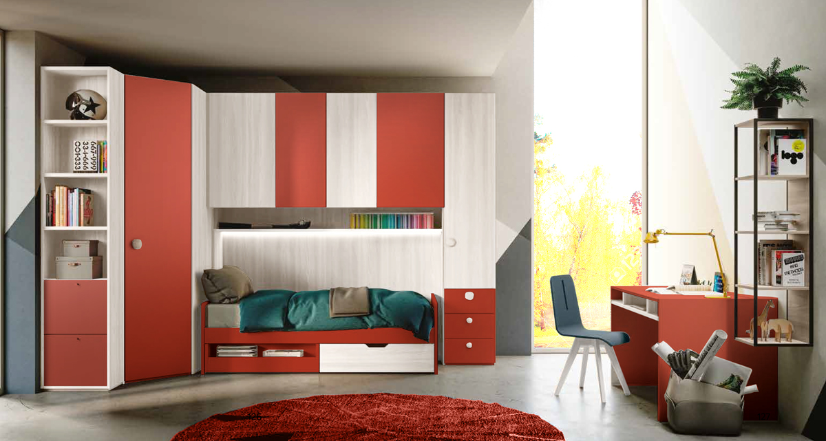 Cameretta a ponte con angolo per bambini in Bianco altea e Corallo