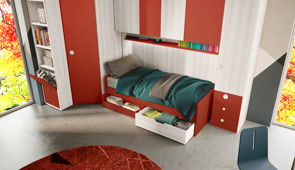 Cameretta a ponte con angolo per bambini in Bianco altea e Corallo