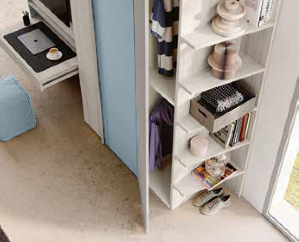 Armadio con scrivania estraibile e vano tv, 5 ante Bianco altea, Carta da zucchero e Grigio seta