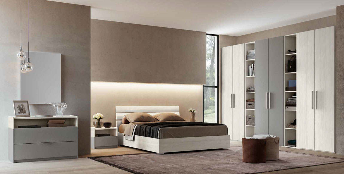 Camera matrimoniale Eolo completa, finitura Bianco Altea e Grigio Argento