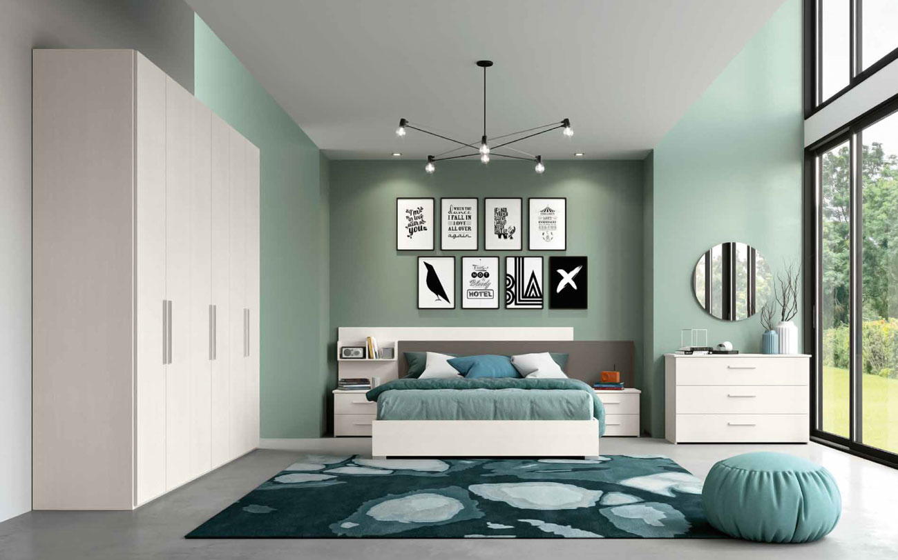 Letto matrimoniale con contenitore e testiera in Larice Bianco ed inserto Grigio Cenere