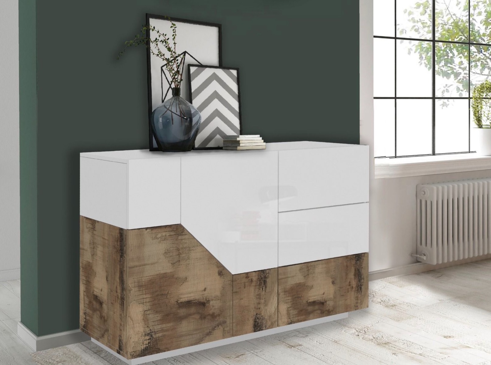 Economica Madia geometrica moderna 2 ante e 3 cassetti, Bianco lucido e Pero