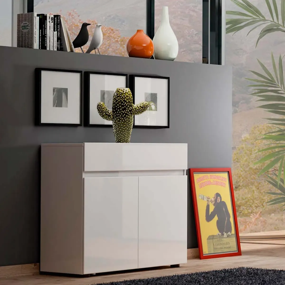 Sala in offerta composta da 2 madie moderne, finitura Bianco lucido