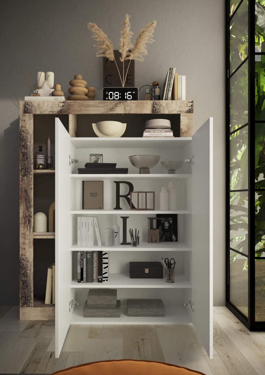 Conveniente composizione formata da guardaroba, panca, specchio, appendiabiti e madia 2 ante, Bianco lucido e Pero