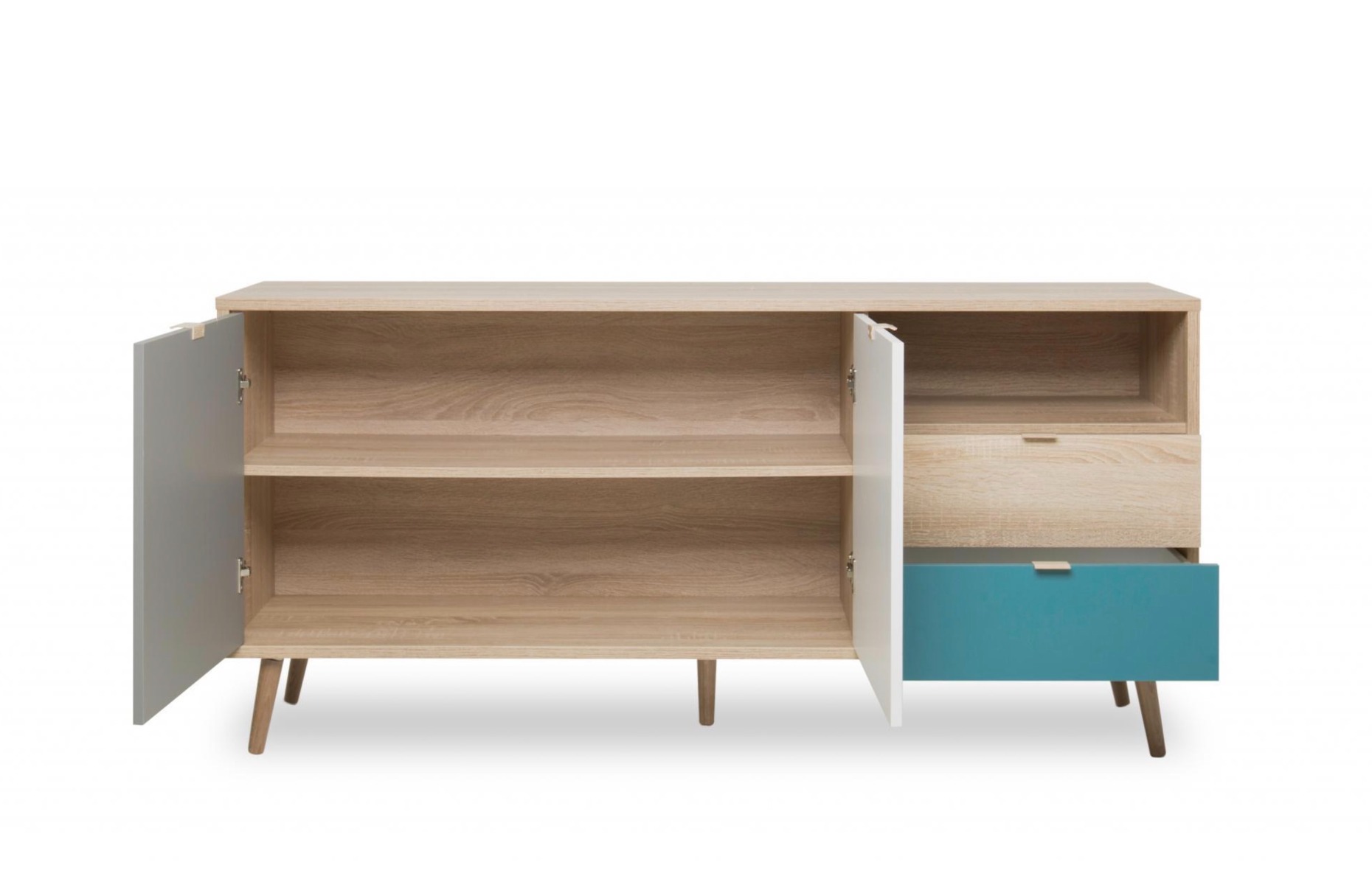 Madia Lavik con gambe in legno, 2 ante 2 cassetti, finitura Quercia, Bianca, Petrolio e Grigia