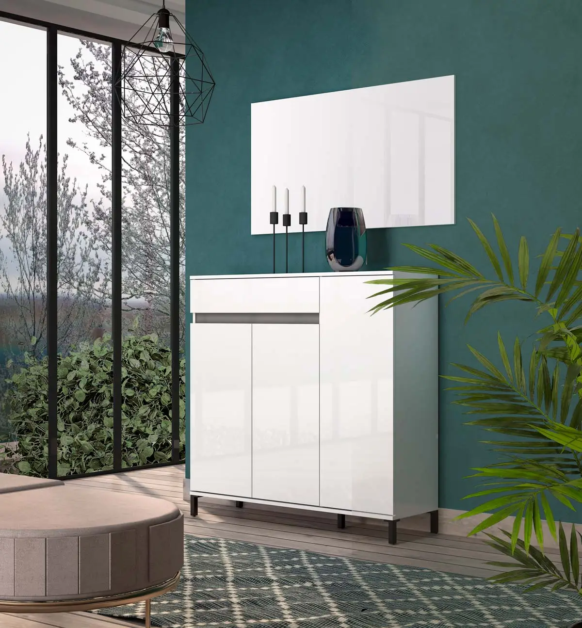 Madia moderna a 3 ante e 1 cassetto, Bianca lucida 