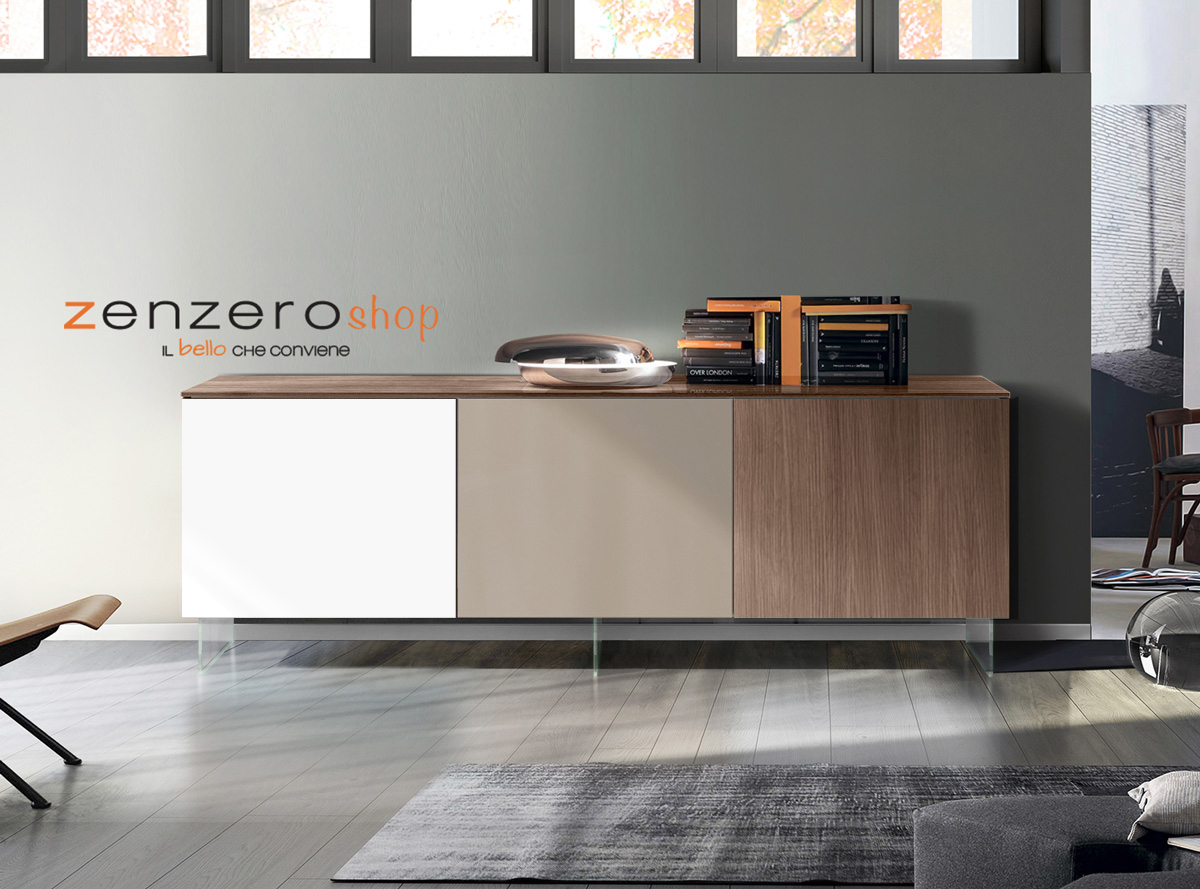 Credenza Moderna, Madia di Design con piedini in vetro, 3 ante, Noce, Bianco e fango
