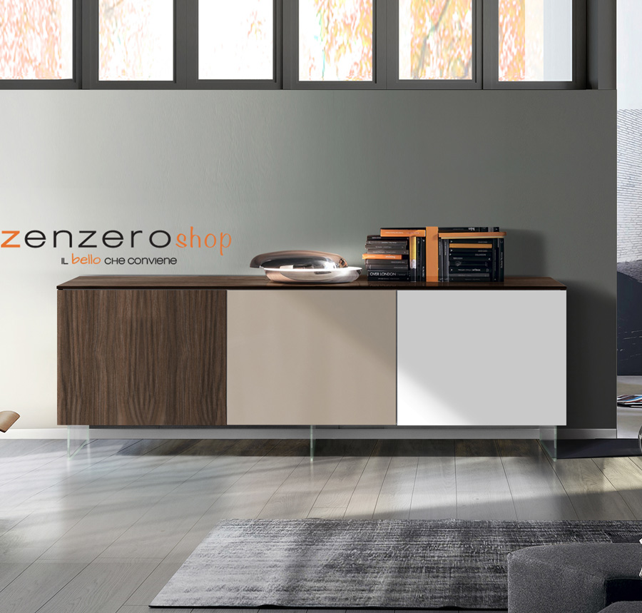 Credenza Moderna, Madia di Design con piedini in vetro, 3 ante, Teak, Bianco e fango