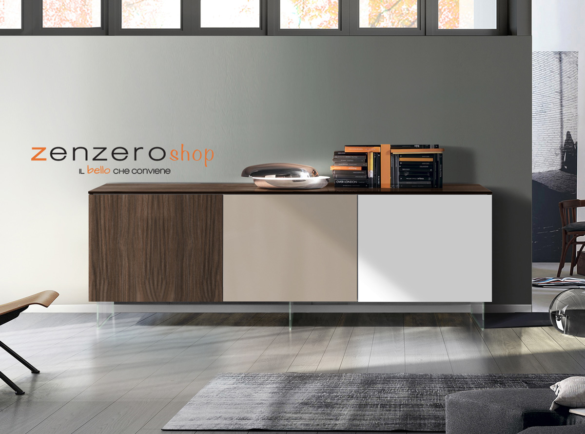 Credenza Moderna, Madia di Design con piedini in vetro, 3 ante, Teak, Bianco e fango