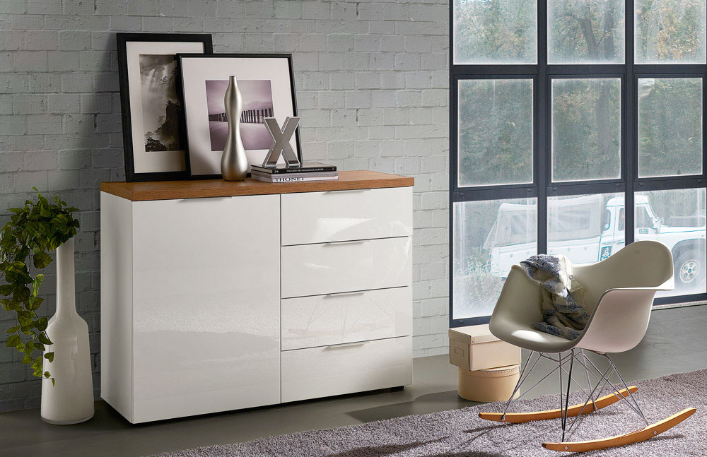 Madia 1 anta e 4 cassetti finitura Bianco lucido e Castagno, Made in Italy