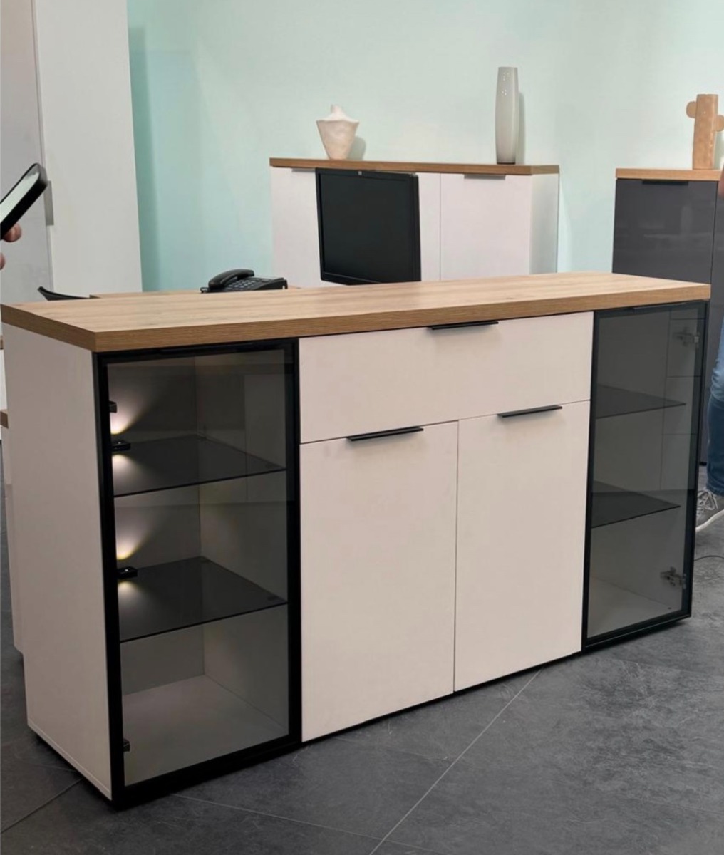 Madia moderna, colore Bianco lucido e Rovere chiaro