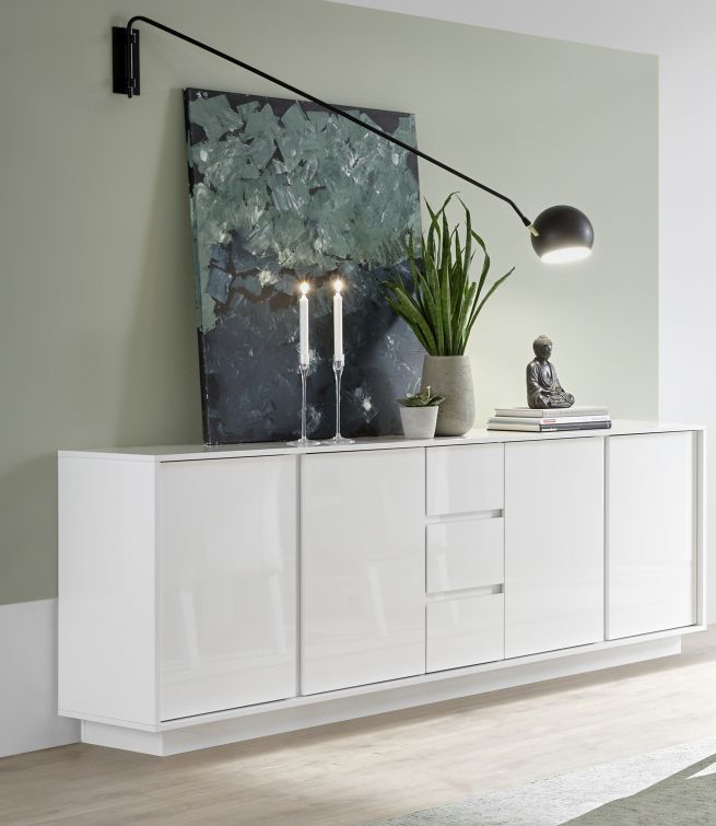 Madia moderna con 4 ante e 3 cassetti in finitura bianco lucido