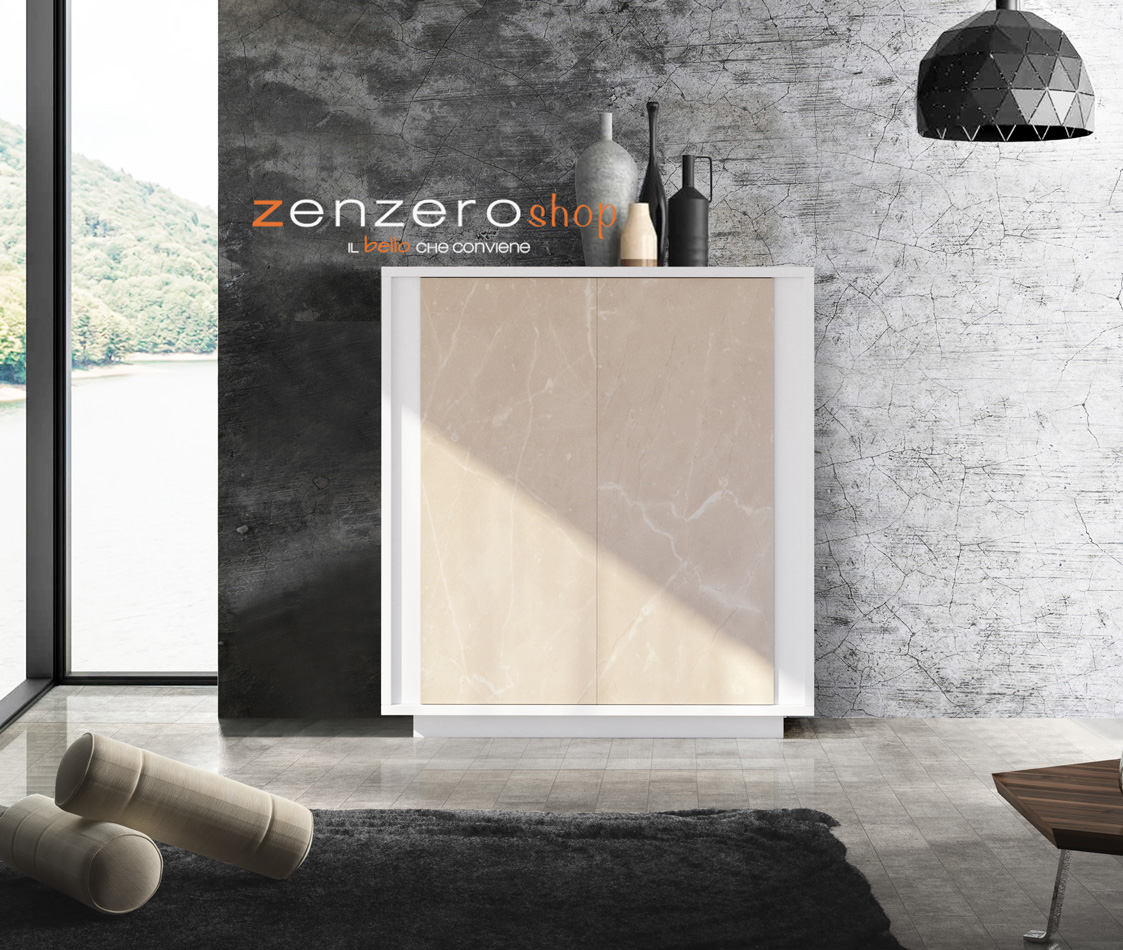 Madia di Design Alta, Credenza Moderna 2 ante, Bianco Nobilitato e Opera