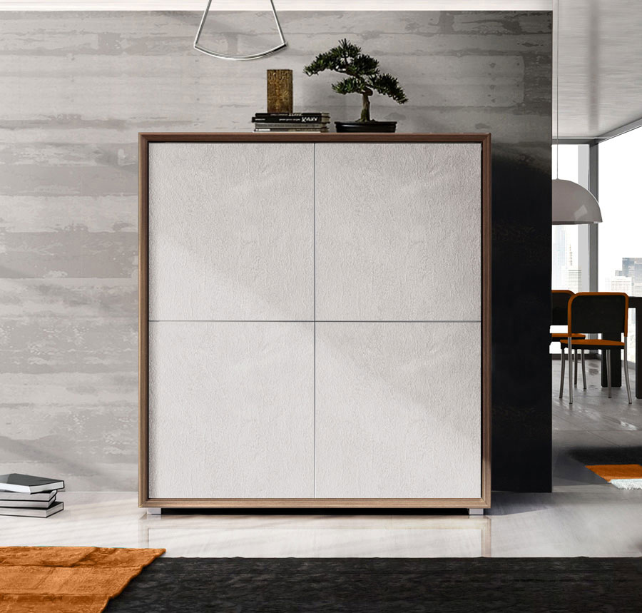 Madia di Design Alta, Credenza Moderna 4 ante, Teak e Calce