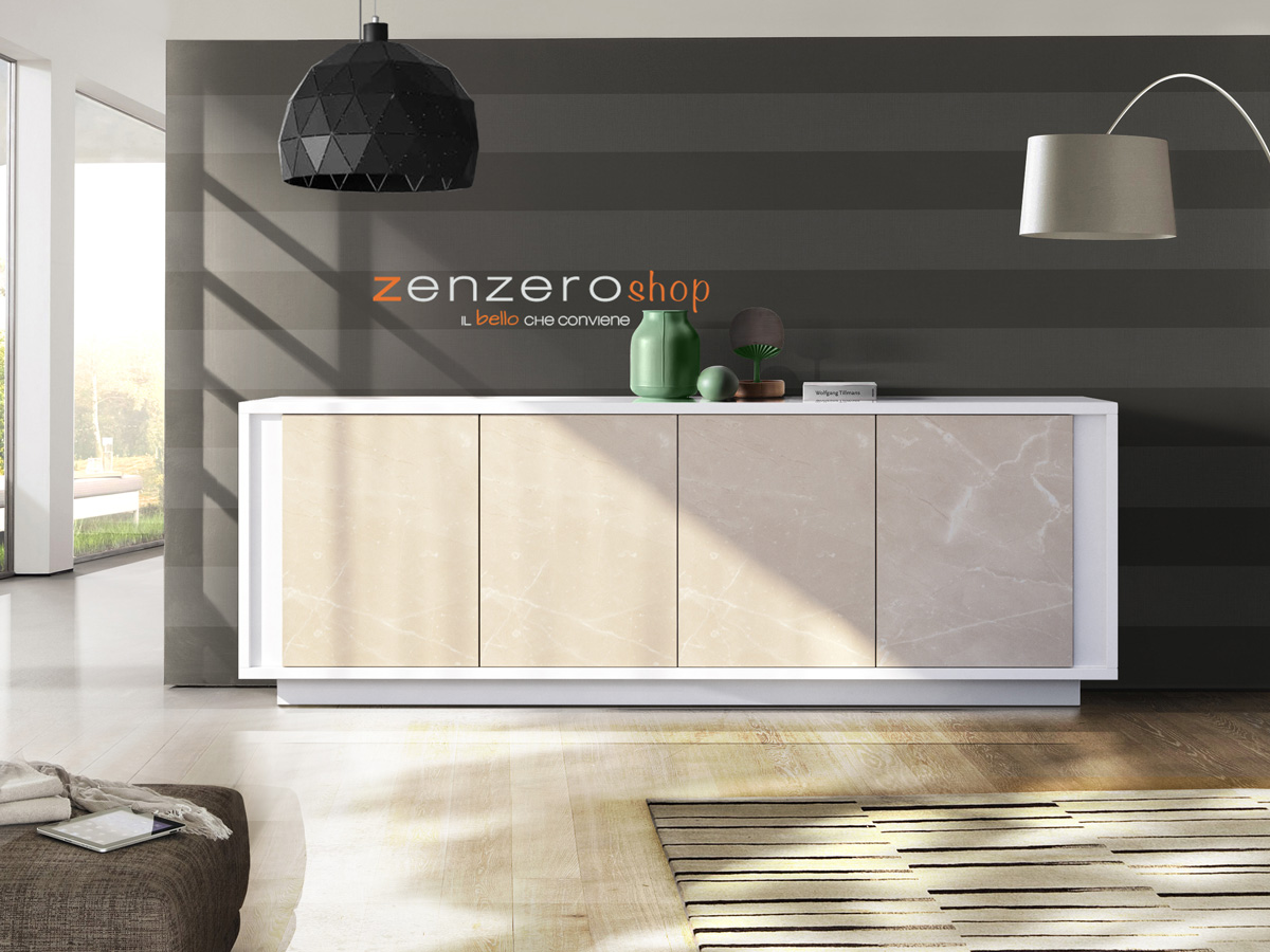 Credenza Moderna, Madia di Design, 4 ante, Bianco Nobilitato e Opera