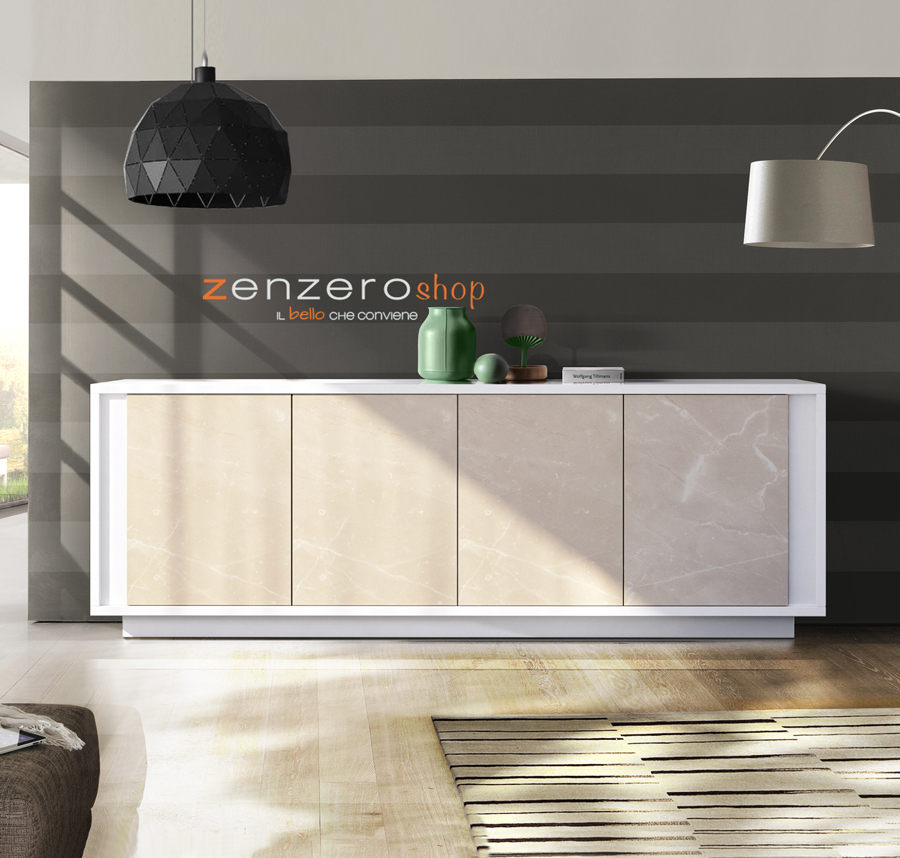 Credenza Moderna, Madia di Design, 4 ante, Bianco Nobilitato e Opera