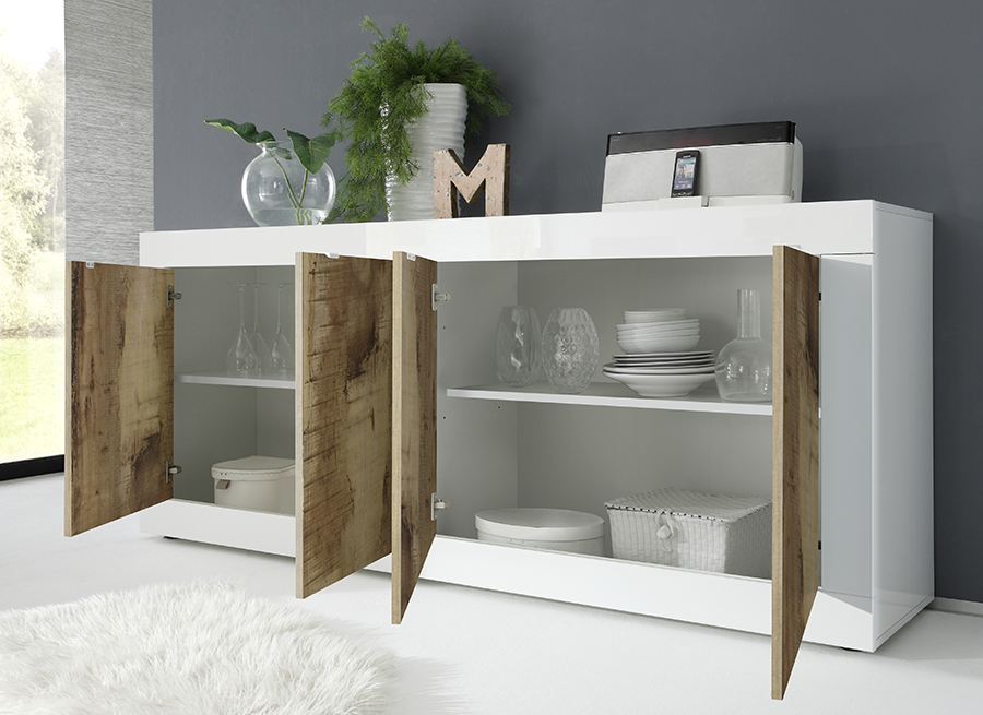 Credenza Moderna, Madia con 4 ante, colore nero e pero