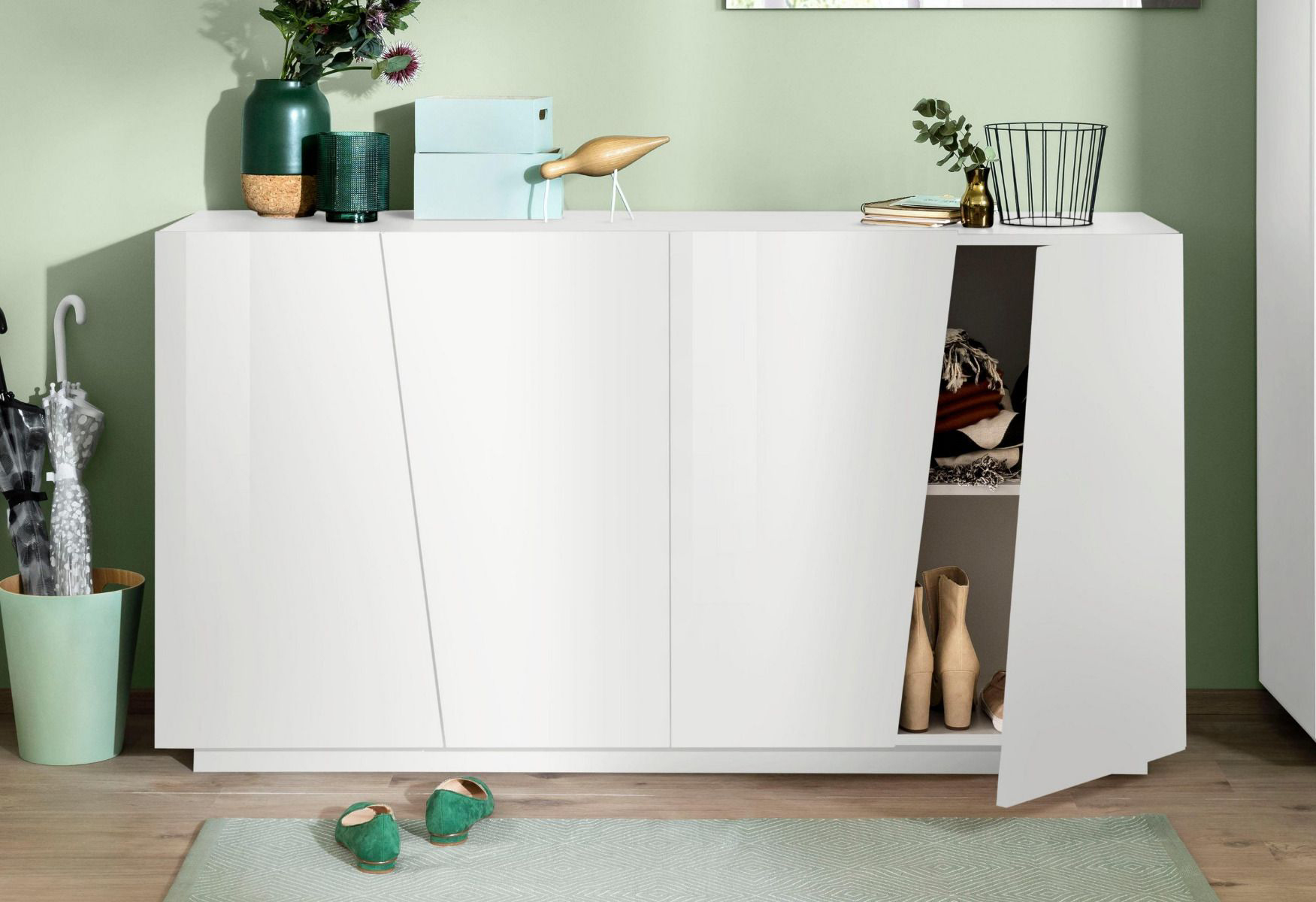 Madia credenza piccola, 4 ante bianco lucido