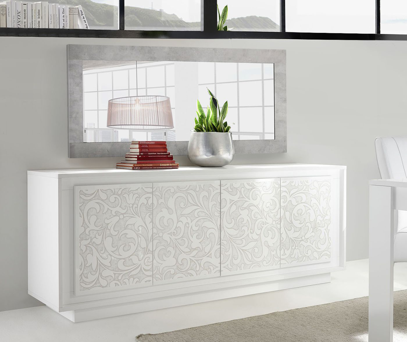 Credenza con serigrafia floreale 4 ante, Bianco Opaco