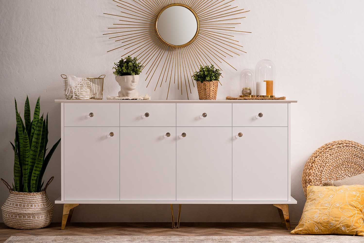 Madia Oslo con 4 ante e 4 cassetti in finitura bianco e oro